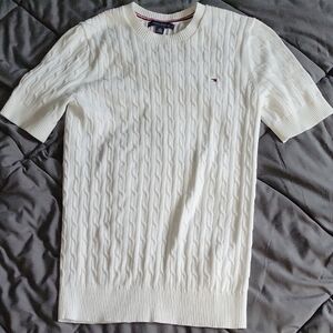 Tommy Hilfiger White Cable Knit Short Sleeve Crewneck Sweater